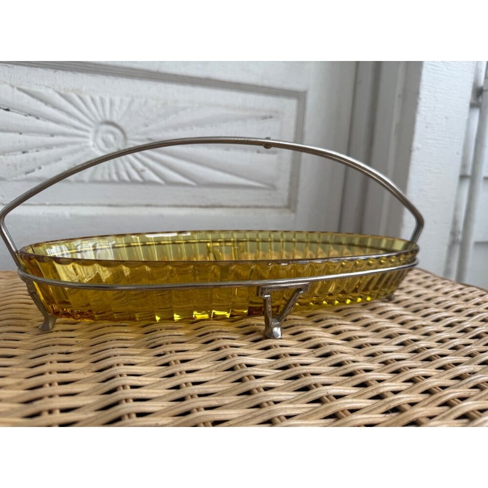 Vintage 50's Heisey Glass Marigold Serving Dish With Chrome Stand